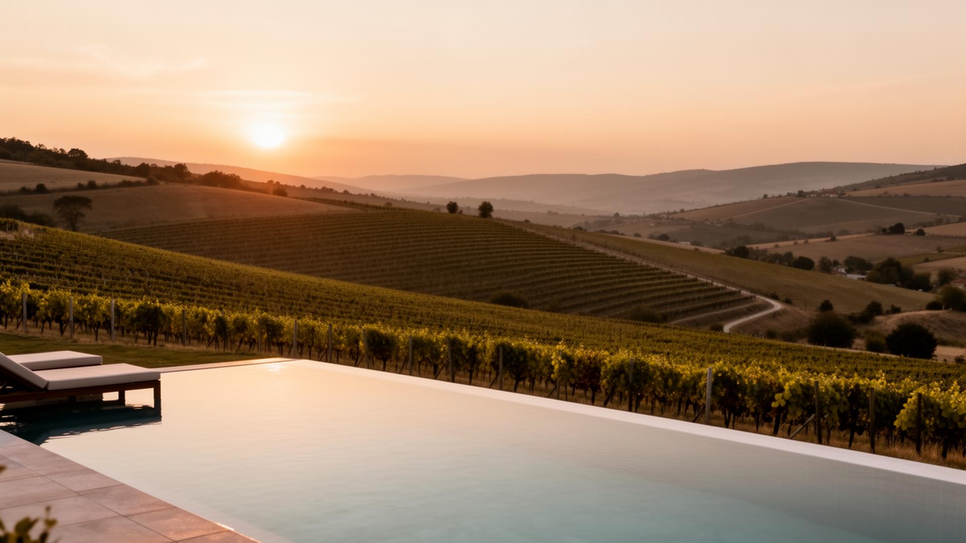 Vignoble bulgare au coucher du soleil avec piscine à débordement privée